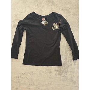 Harley Davidson Womens Black Long Sleeve V Neck Graphic Shirt Size L
